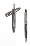 Montblanc #146G gray striated celluloid fountain pen and mechanical pencil set with ""Masterpiece"" cap band.